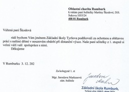 Poděkování ze ZŠ Tyršova